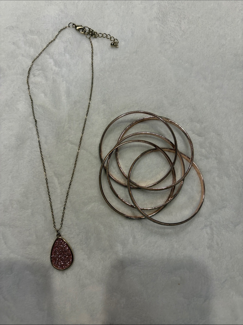 Rose Gold Teardrop Druzy Pendant Necklace and Bangle Bracelet Set